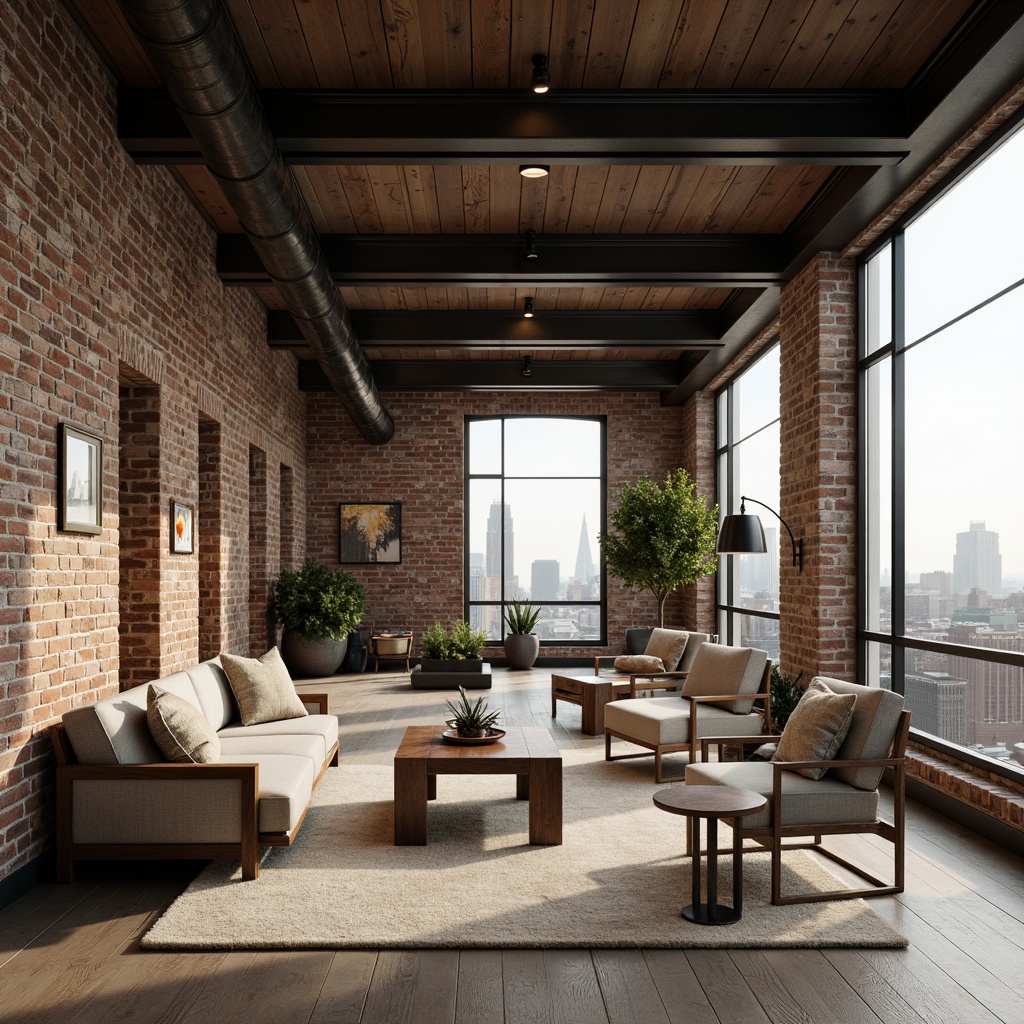 Prompt: Exposed brick walls, distressed wood accents, industrial metal beams, concrete floors, reclaimed wooden planks, earthy tones, muted grays, warm beiges, rich browns, soft creams, urban landscape views, city skylines, functional lighting fixtures, minimalist decor, open-plan living spaces, high ceilings, natural textiles, vintage furniture pieces, eclectic art collections, moody atmospheric lighting, shallow depth of field, 2/3 composition, gritty realistic textures, cinematic ambient occlusion.