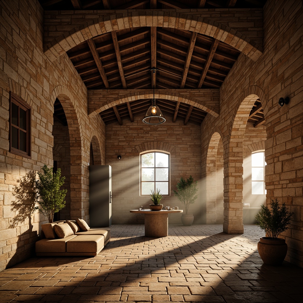 Prompt: Rustic monastery architecture, industrial chic decor, distressed stone walls, exposed brick textures, metal beams, reclaimed wood accents, earthy color palette, muted tones of sienna, umber, and moss, warm golden lighting, soft ambient glow, atmospheric misting effects, cinematic shallow depth of field, 2/3 composition, symmetrical framing, dramatic shadows, realistic material rendering.