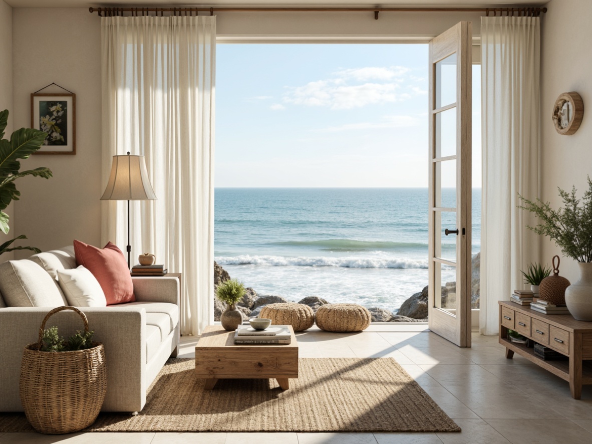 Prompt: Soothing coastal interior, calming ocean views, gentle waves, seaside decor, natural textures, weathered wood accents, distressed finishes, soft sandy neutrals, seafoam greens, driftwood grays, coral pinks, sky blues, creamy whites, warm beige tones, organic patterns, woven fibers, jute rugs, linen fabrics, subtle nautical elements, vintage marine artifacts, airy open spaces, abundant natural light, soft diffused lighting, 1/2 composition, realistic renderings, atmospheric effects.