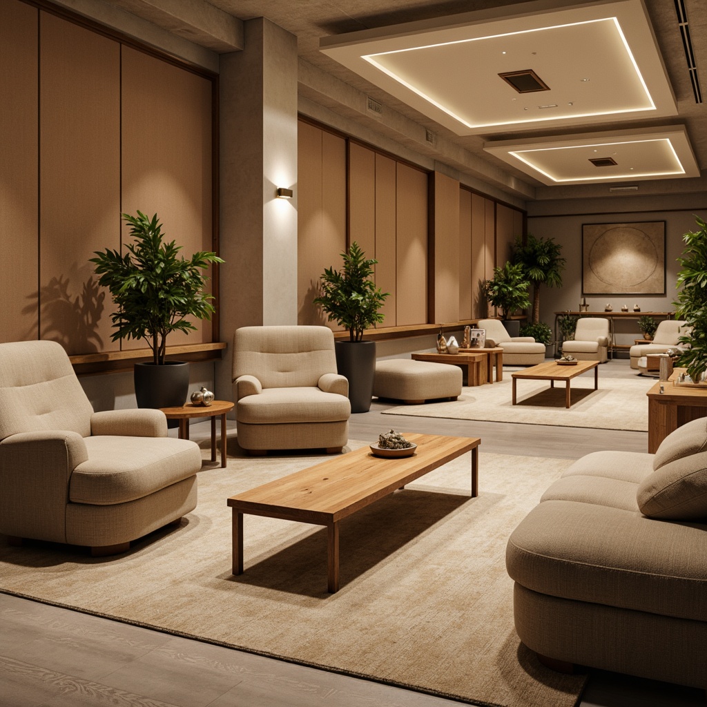 Prompt: Cozy lounge area, plush sofas, ergonomic chairs, wooden coffee tables, potted plants, warm beige colors, soft overhead lighting, comfortable cushions, stylish rugs, minimalist decor, calming ambiance, relaxation zone, inviting atmosphere, spacious layout, circular formation, conversational seating, acoustic panels, noise reduction technology, adjustable armrests, reclining mechanisms, breathable upholstery, natural materials, earthy tones.