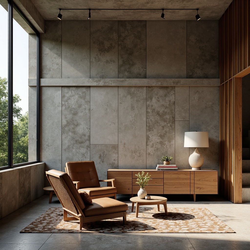 Prompt: Bauhaus-style interior, industrial materials, rough concrete walls, metallic accents, wooden furniture, smooth leather upholstery, woven wicker chairs, geometric patterned rugs, minimalist decor, functional simplicity, warm indirect lighting, soft shadows, 1/1 composition, medium depth of field, realistic textures, ambient occlusion.