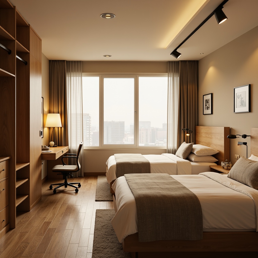 Prompt: Cozy dorm room, warm beige walls, wooden furniture, comfortable bedding, soft pillows, modern desk lamps, ergonomic chairs, spacious closets, minimalist decor, calm atmosphere, natural light, sheer curtains, wood flooring, subtle textures, shallow depth of field, 1/1 composition, symmetrical balance, realistic rendering.