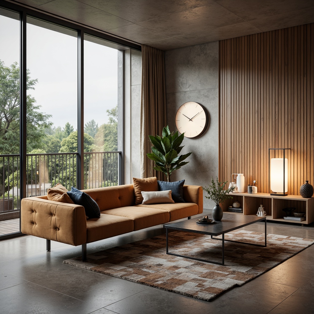 Prompt: Modern living room, sleek minimalist decor, low-profile sectional sofa, tufted velvet upholstery, metallic legs, ambient floor lamps, industrial-chic coffee table, geometric-patterned rug, floor-to-ceiling windows, natural wood accents, soft warm lighting, 1/1 composition, realistic textures, subtle reflections.