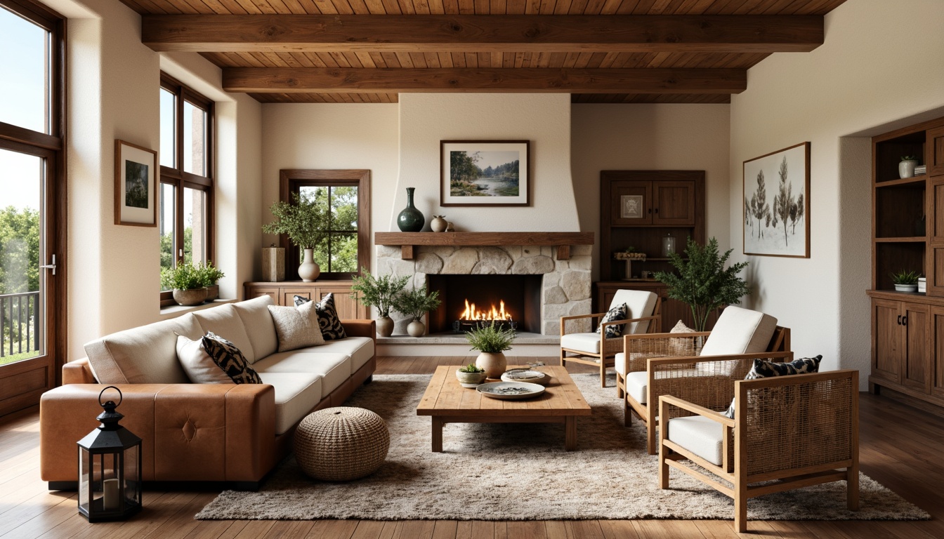 Prompt: Cozy living room, earthy tones, natural wood accents, stone fireplace, plush area rugs, comfortable sofas, rustic wooden coffee tables, vintage metal lanterns, woven wicker armchairs, nature-inspired textiles, warm beige walls, soft cream-colored ceilings, rich brown leather upholstery, distressed wooden finishes, artisanal metalwork, elegant ceramic vases, abundant natural light, shallow depth of field, 1/1 composition, realistic wood grain textures, ambient occlusion.