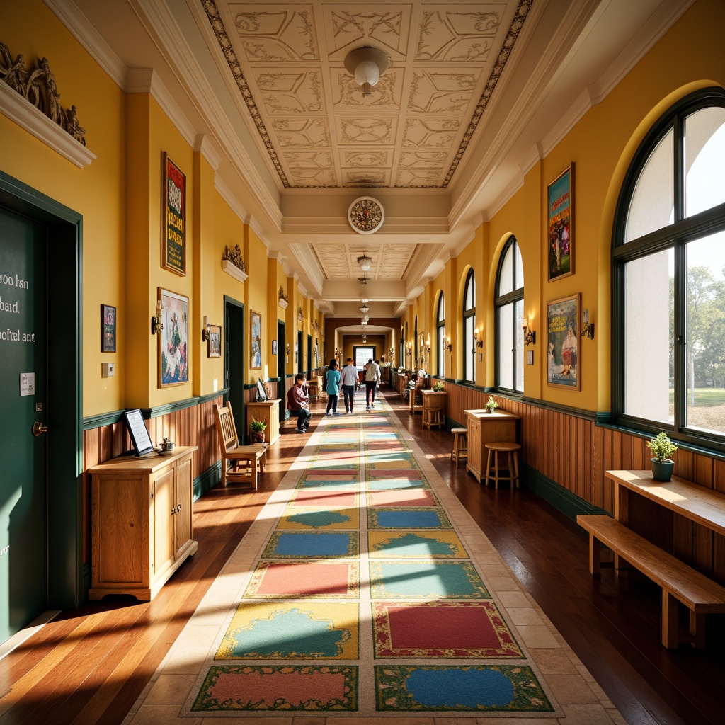 Prompt: Vibrant elementary school hallway, polished wooden floors, ornate metal railings, decorative plaster ceilings, geometric patterned carpets, colorful lockers, educational posters, inspirational quotes, classic Art Deco motifs, symmetrical compositions, warm golden lighting, soft focus, shallow depth of field, 1/1 composition, realistic textures, ambient occlusion.