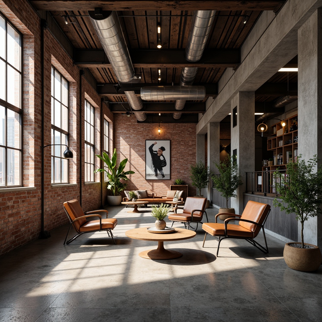 Prompt: Exposed brick walls, metal beams, reclaimed wood accents, polished concrete floors, industrial-chic lighting fixtures, distressed leather furnishings, metallic color schemes, minimalist decor, urban loft atmosphere, natural light pouring in, shallow depth of field, 3/4 composition, realistic textures, ambient occlusion.