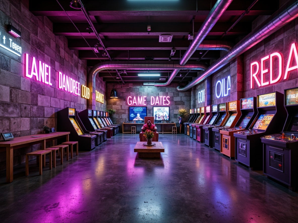 Prompt: Industrial game room, brutalist concrete walls, rugged stone floors, metallic accents, neon-lit arcade machines, retro-futuristic decor, dimly lit atmosphere, high-contrast color scheme, bold typography, distressed textures, urban graffiti, exposed ductwork, raw wood furniture, industrial-style lighting fixtures, abstract geometric patterns, vibrant pops of color, cinematic shadows, dramatic spotlighting, 1/1 composition, high-dynamic-range rendering, realistic material reflections.