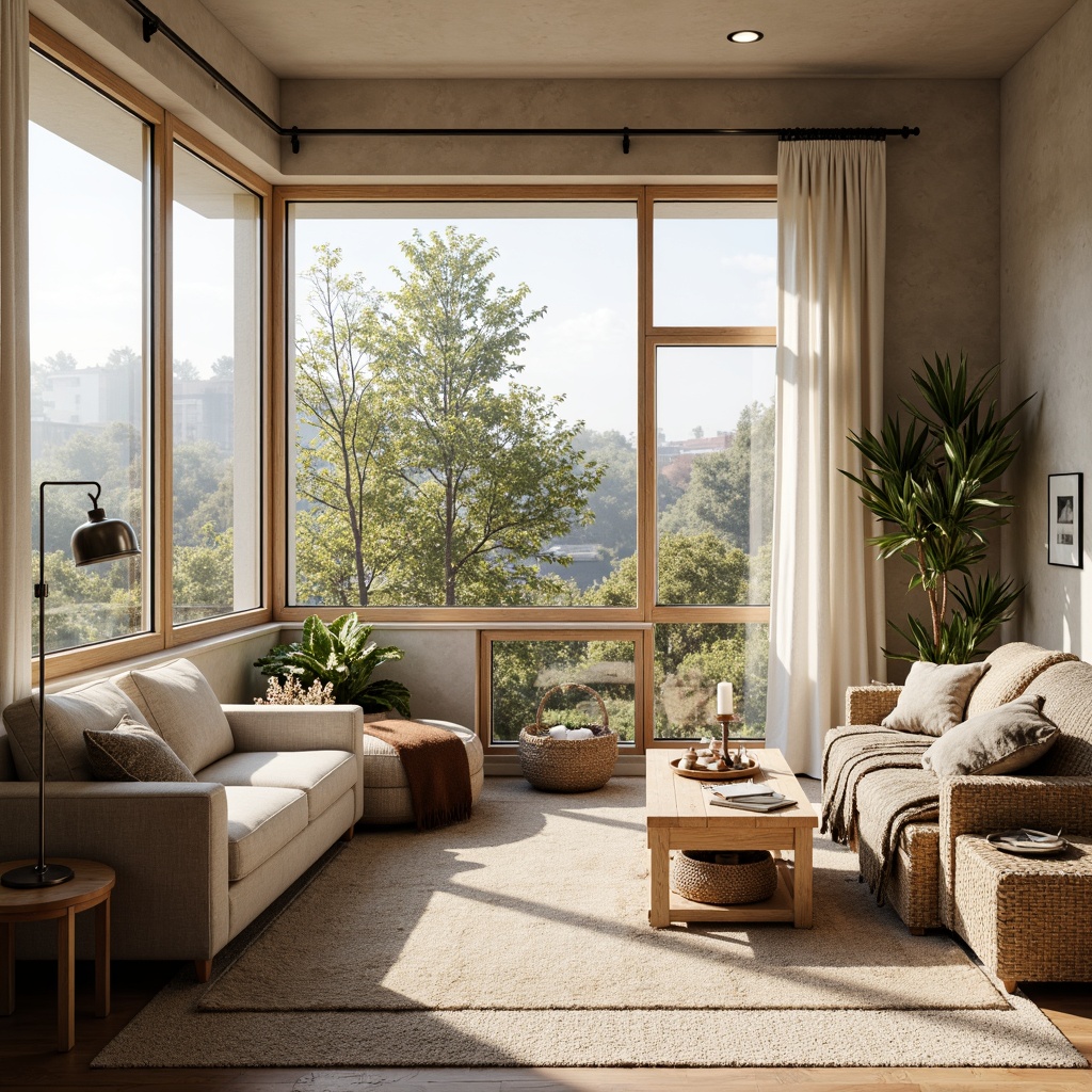 Prompt: Cozy Scandinavian living room, large windows, minimal decor, light wood accents, natural textiles, woven baskets, earthy color palette, soft warm lighting, shallow depth of field, 3/4 composition, panoramic view, realistic textures, ambient occlusion, Nordic-inspired furniture, plush throw blankets, vintage rugs, industrial metal lamps, greenery-filled planters, organic shapes, calming atmosphere, morning sunlight, gentle shadows.