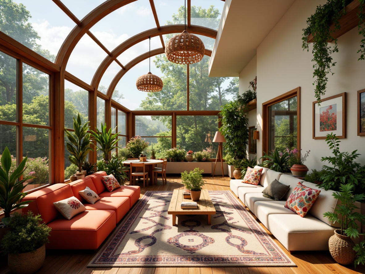 Prompt: Vibrant sunroom, abundant natural light, expressionist architecture, curved lines, bold colors, eclectic decor, lush greenery, blooming flowers, large skylights, clerestory windows, sliding glass doors, warm wooden accents, cozy reading nooks, plush throw pillows, artistic sculptures, statement lighting fixtures, playful patterns, sunny afternoon, soft warm glow, shallow depth of field, 1/1 composition, intimate atmosphere, realistic textures, ambient occlusion.