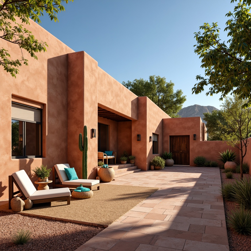 Prompt: Earthy southwestern abode, warm terracotta walls, rustic wooden accents, vibrant turquoise decorations, natural sandstone floors, woven wool textiles, lush green cacti, arid desert landscape, clear blue skies, warm golden lighting, soft shadows, 1/1 composition, intimate atmosphere, realistic earthy tones, ambient occlusion.