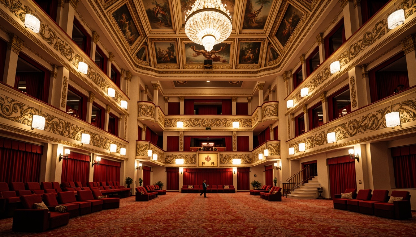 Prompt: Ornate opera house interior, grandiose chandeliers, intricate moldings, gilded details, velvet drapes, richly patterned carpets, ornamental plasterwork, majestic ceiling domes, crystal fixtures, luxurious upholstery, regal red and gold accents, opulent frescoes, sweeping staircases, dramatic spotlights, warm golden lighting, shallow depth of field, 1/1 composition, realistic textures, ambient occlusion.