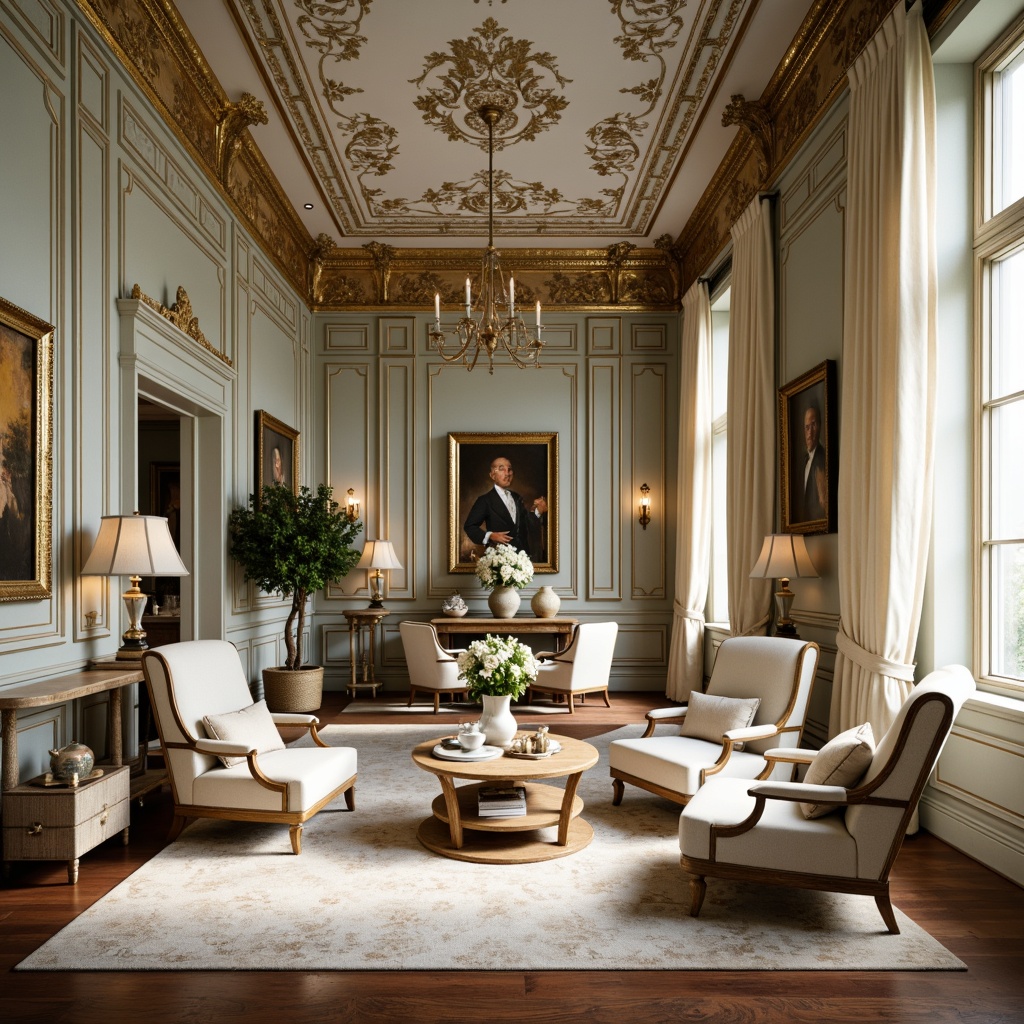 Prompt: Luxurious interior, ornate furnishings, rich velvet fabrics, soft gold accents, creamy whites, pale blues, muted greens, warm beige tones, intricate patterns, gilded frames, delicate porcelain vases, lavish chandeliers, opulent drapery, subtle sheen, refined textures, classic 18th-century style, elegant proportions, harmonious color balance, soft warm lighting, shallow depth of field.