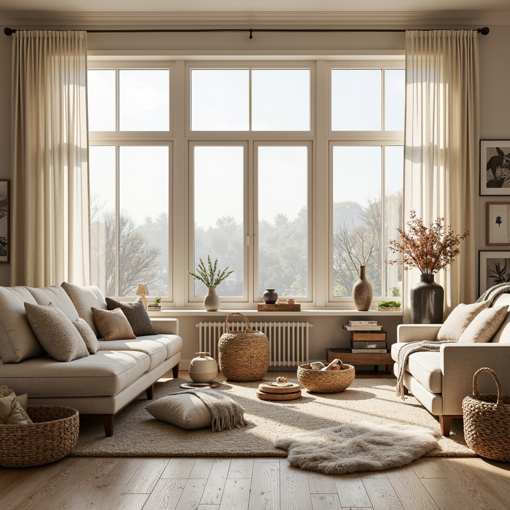 Prompt: Cozy Scandinavian living room, large windows, minimal ornamentation, light wood tones, natural textiles, woven baskets, plush throw blankets, soft warm lighting, gentle shadows, 1/1 composition, shallow depth of field, realistic textures, ambient occlusion, Nordic-inspired furniture, minimalist decor, earthy color palette, creamy whites, warm beiges, pale woods, organic shapes, nature-inspired accents, potted greenery, blooming flowers, calm atmosphere, serene ambiance.