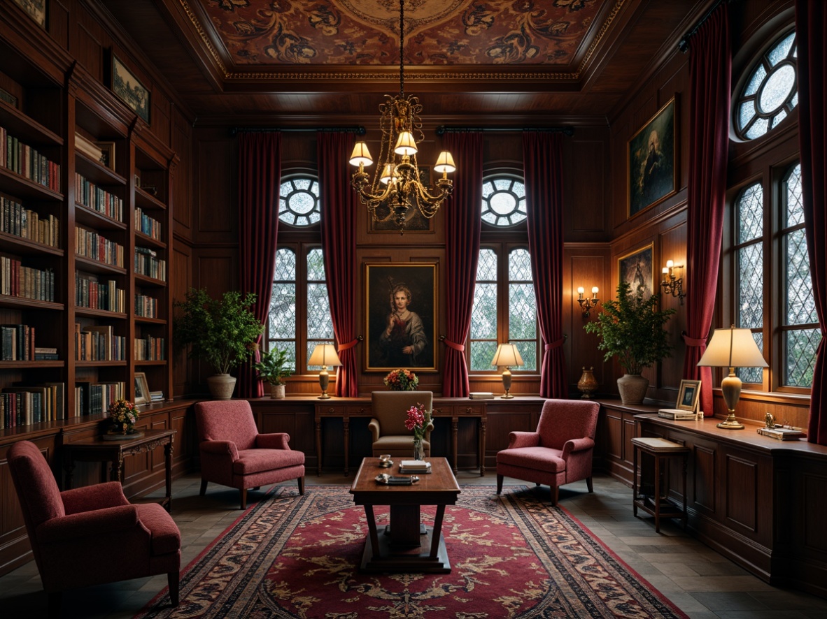 Prompt: Dark academia-inspired study room, rich wood tones, ornate carvings, velvety upholstered armchairs, heavy drapery, grand wooden desks, antique bookshelves, mysterious candelabras, intricate stone flooring, vaulted ceilings, stained glass windows, dramatic chandeliers, lavish textiles, mysterious artifacts, warm candlelight, eerie shadows, 1/2 composition, cinematic lighting, realistic wood grains.