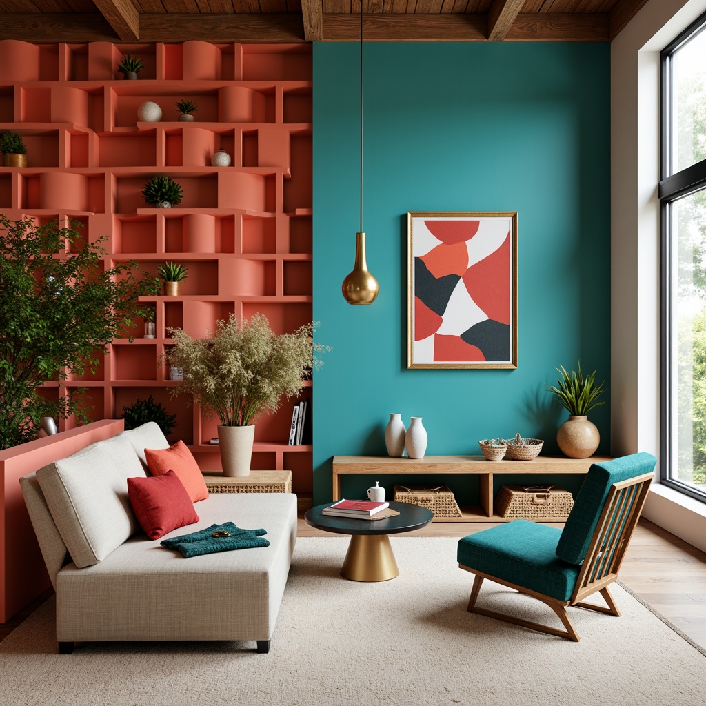 Prompt: Vibrant accent walls, bold geometric patterns, rich turquoise furniture, metallic gold lighting fixtures, plush cream-colored carpets, sleek low-profile sofas, minimalist coffee tables, vibrant coral-hued throw pillows, natural woven baskets, earthy terracotta vases, modern abstract artwork, warm ambient lighting, shallow depth of field, 1/2 composition, realistic textures, subtle lens flare.