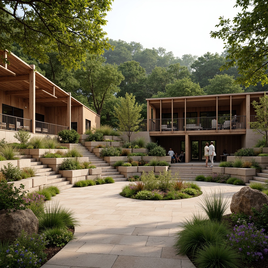 Prompt: Earthy amphitheater, natural stone seating, wooden benches, lush greenery surroundings, wildflower arrangements, rustic metal railings, reclaimed wood accents, earthy tone color palette, organic architecture, curved lines, blended landscape integration, warm soft lighting, shallow depth of field, 2/3 composition, panoramic view, realistic textures, ambient occlusion.