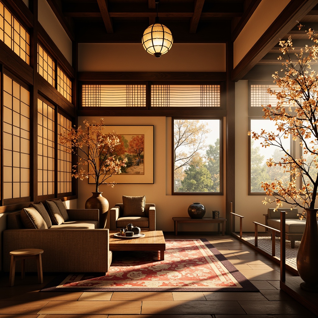 Prompt: Traditional Japanese shoji screens, intricately carved wooden panels, ornate Chinese lanterns, delicate cherry blossom patterns, vibrant silk fabrics, hand-painted ceramic vases, minimalist bamboo accents, natural stone flooring, subtle paper lantern lighting, warm golden tones, serene ambiance, 1/1 composition, shallow depth of field, realistic textures, ambient occlusion.