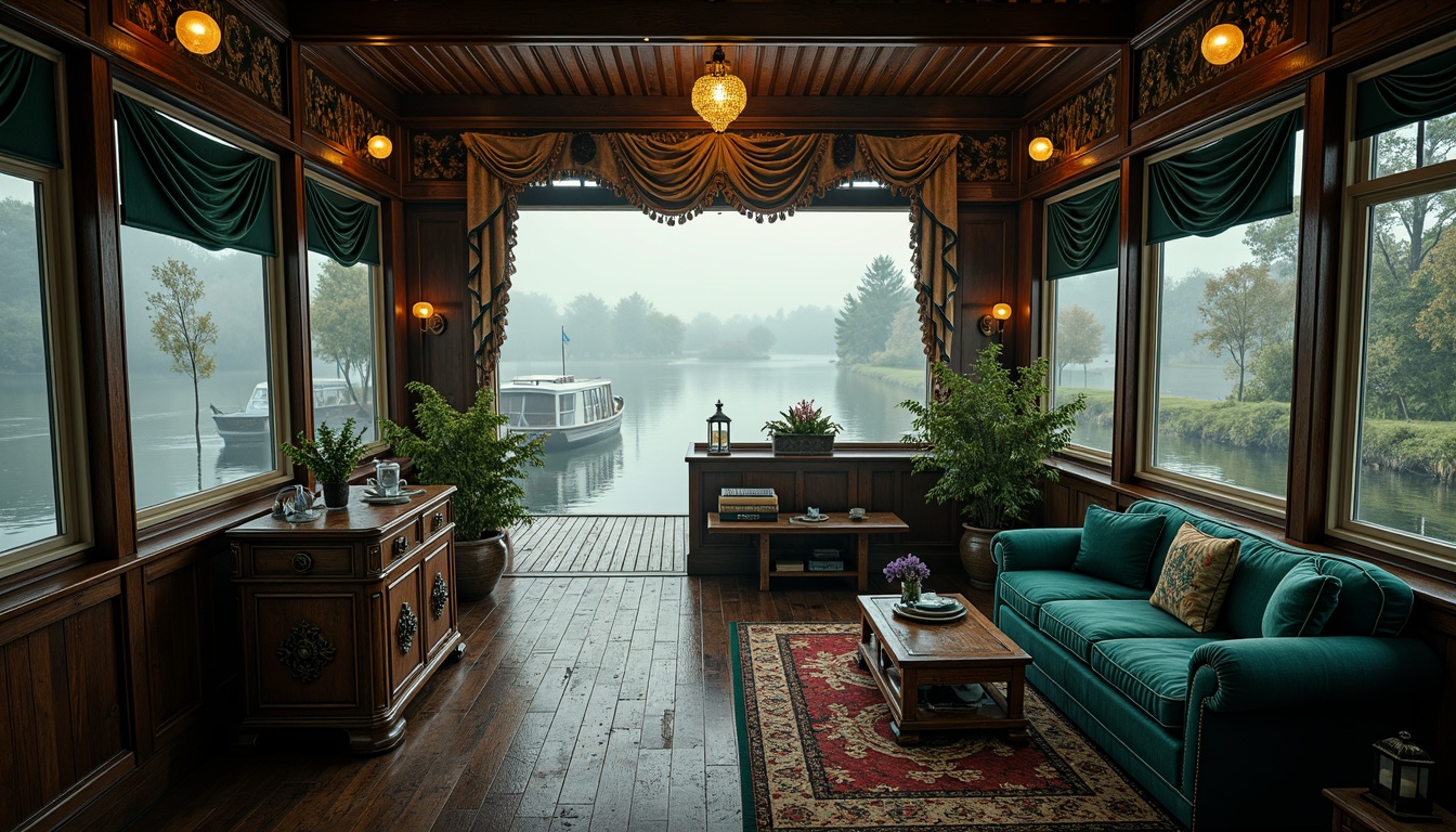 Prompt: Rustic boathouse, ornate baroque details, rich jewel tones, emerald green accents, navy blue hues, warm golden lighting, distressed wood textures, vintage nautical elements, antique brass fixtures, plush velvet upholstery, intricate carvings, soft misty atmosphere, early morning fog, serene lake views, gentle lapping water sounds, 1/2 composition, shallow depth of field, warm color grading.