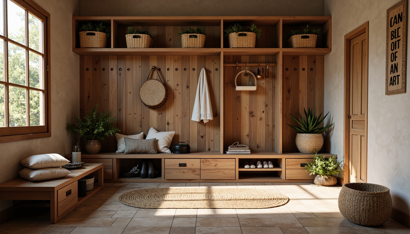 Prompt: Cozy mudroom, warm earthy tones, natural stone floors, rustic wooden accents, woven baskets, plush area rugs, water-resistant flooring, slip-resistant surfaces, durable ceramic tiles, industrial-style metal grids, functional storage benches, built-in cubbies, overhead shelving units, soft warm lighting, 3/4 composition, realistic textures, ambient occlusion.