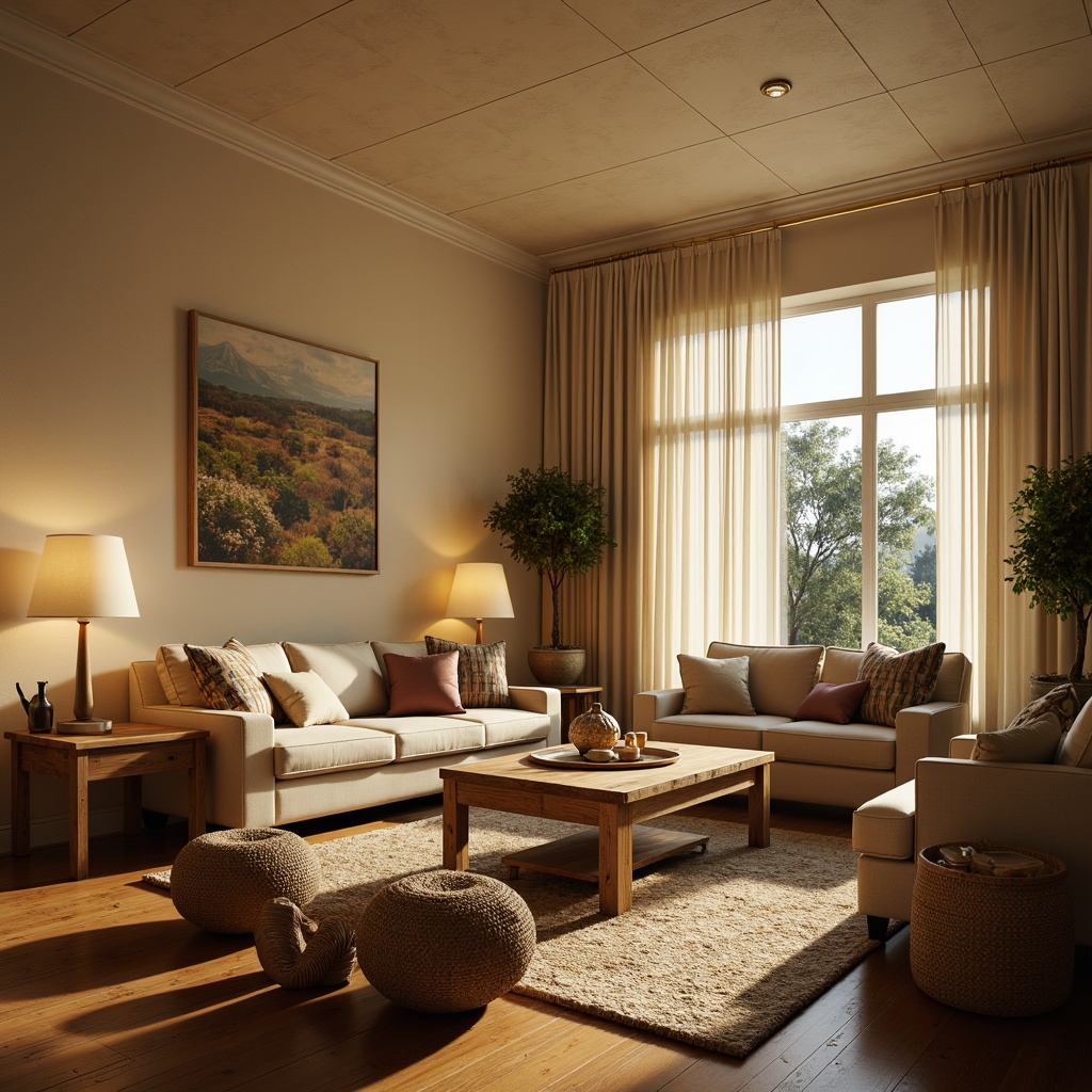 Prompt: Cozy living room, soft warm lighting, comfortable couches, wooden coffee tables, plush area rugs, calming color schemes, serene atmosphere, floor lamps, table lamps, warm beige walls, cream-colored ceilings, natural textiles, woven baskets, greenery accents, relaxed seating arrangements, intimate conversation areas, dramatic shadows, 1/1 composition, shallow depth of field, realistic textures.