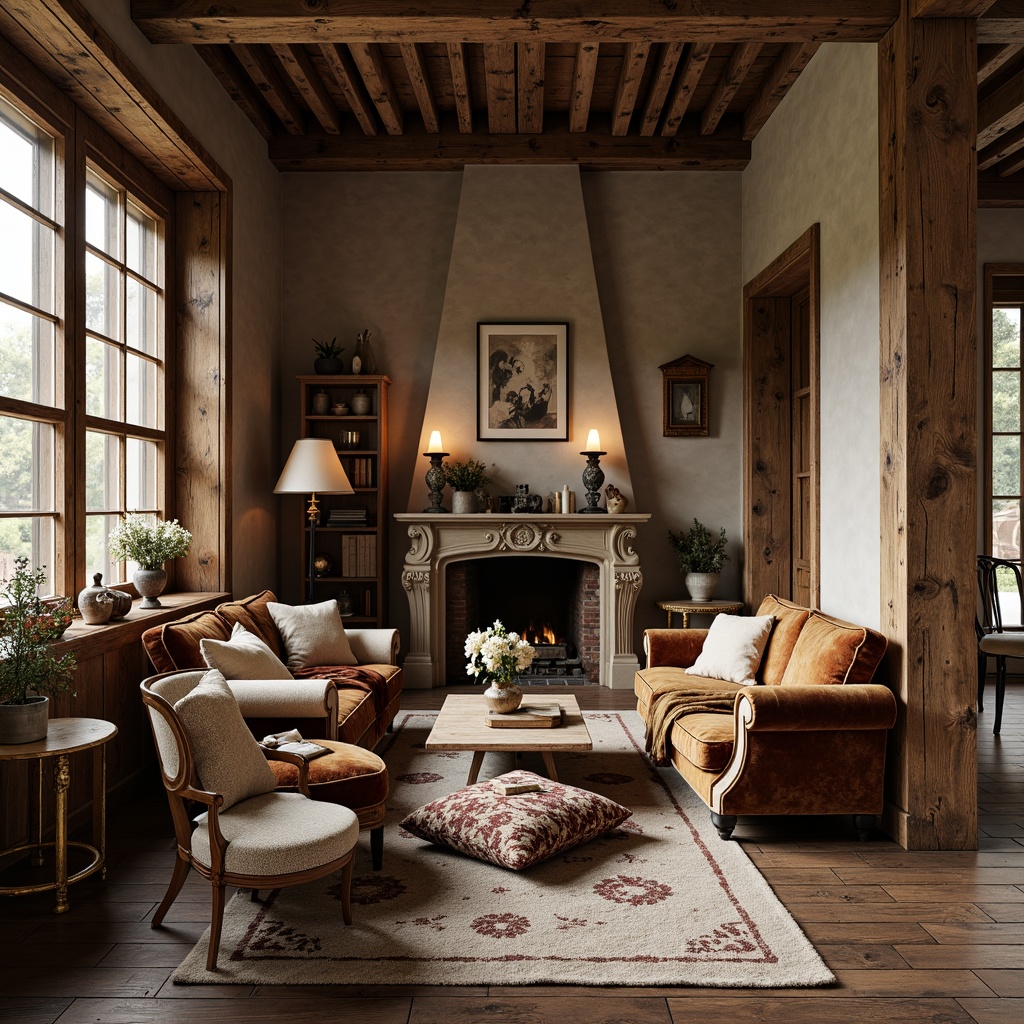 Prompt: Rustic farmhouse interior, ornate wooden furniture, distressed finishes, velvet upholstery, golden accents, curved legs, carved details, antique hardware, rich fabrics, natural textiles, vintage decorative items, warm candlelight, soft warm colors, classic European flair, elegant proportions, luxurious comfort, cozy atmosphere, inviting spaces, refined rustic charm.