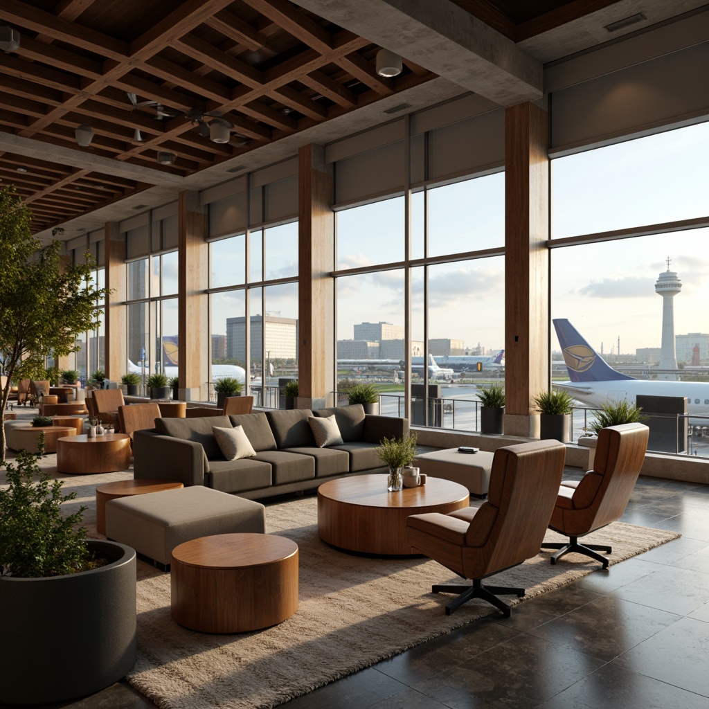 Prompt: Cozy airport lounge, plush sofas, ergonomic chairs, wooden accents, natural stone flooring, warm lighting, soft cushions, adjustable headrests, built-in USB ports, power outlets, quiet atmosphere, calming color scheme, sound-absorbing materials, minimalist decor, sleek metal frames, comfortable ottomans, spacious legroom, panoramic views, floor-to-ceiling windows, urban modern architecture, bustling airport activity, subtle ambient noise, realistic textures, shallow depth of field.