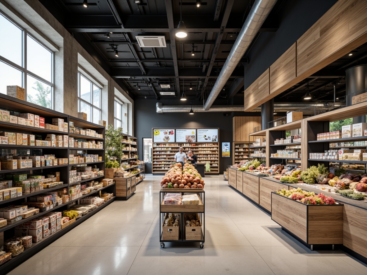 Prompt: Modern grocery store interior, sleek minimalist design, industrial chic aesthetic, metal shelving units, reclaimed wood accents, polished concrete floors, neutral color palette, subtle branding elements, geometric patterns, clean lines, abundant natural light, floor-to-ceiling windows, industrial-style lighting fixtures, adjustable shelving systems, modular display cases, integrated digital signage, seamless product presentation, airy open layout, efficient customer traffic flow, soft warm lighting, shallow depth of field, 1/1 composition, realistic textures.