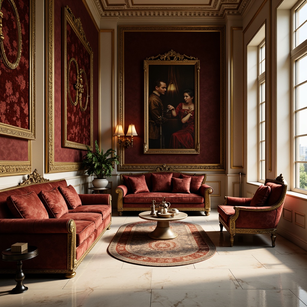 Prompt: Luxurious classic interior, rich velvet fabrics, ornate golden frames, intricate carvings, high-contrast marble floors, creamy white columns, soft warm lighting, subtle gradient shadows, 1/2 composition, intimate close-up shots, realistic reflections, ambient occlusion, vintage furniture pieces, distressed leather textures, lavish drapery, ornamental patterns, subtle color grading.