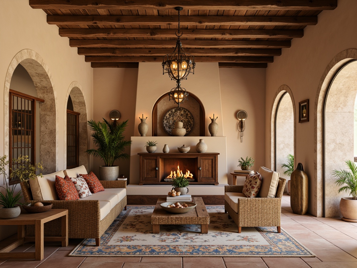 Prompt: Warm beige walls, textured stucco finishes, natural stone accents, distressed wood beams, terracotta tiles, earthy color palette, soft warm lighting, cozy niches, ornate metalwork, rustic wooden furniture, woven textiles, embroidered fabrics, Mediterranean-inspired patterns, curved archways, decorative ceramics, colorful majolica tiles, vintage accessories, warm inviting ambiance, shallow depth of field, 1/2 composition, realistic textures, ambient occlusion.