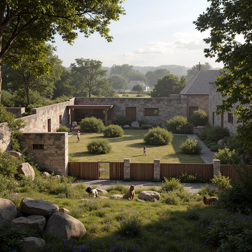 Prompt: Rustic zoo enclosure, distressed stone walls, natural rock formations, verdant foliage, wildflower meadow, wooden fencing, vintage metal gates, charming country farmhouse, steeply pitched roofs, earthy color palette, soft warm lighting, shallow depth of field, 1/2 composition, realistic textures, ambient occlusion, misty atmosphere, late afternoon sunlight, whimsical French Country accents.