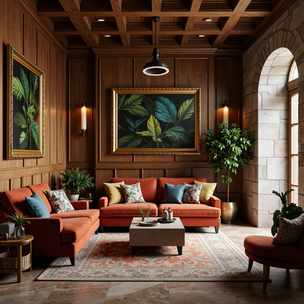 Prompt: Luxurious living room, rich wood paneling, plush velvet sofas, ornate golden frames, rustic stone walls, polished marble floors, soft warm lighting, deep shadows, 3/4 composition, shallow depth of field, realistic textures, ambient occlusion, natural fibers, woven baskets, smooth leather armchairs, vibrant colorful throw pillows, intricate patterns, botanical prints, lush greenery.