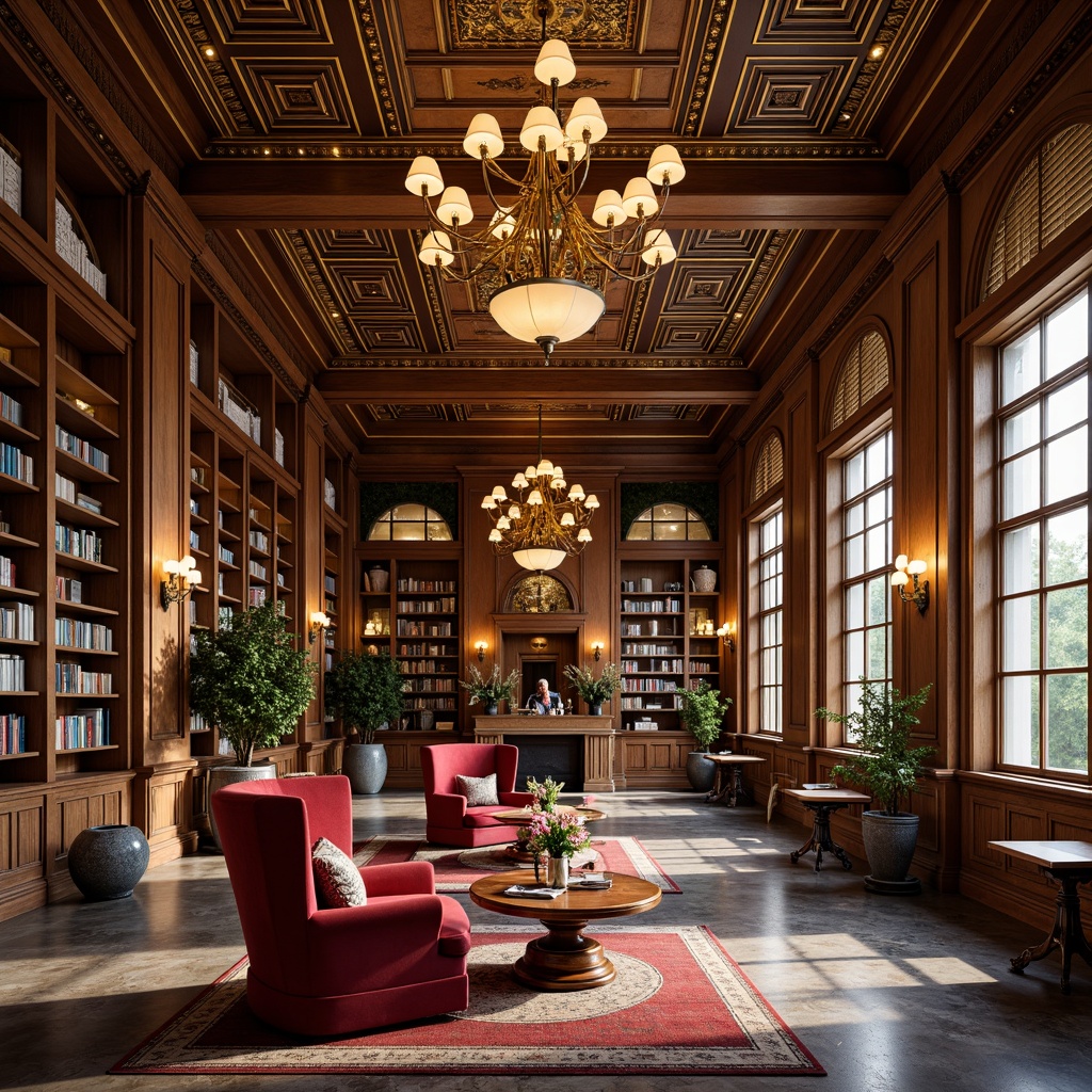 Prompt: Richly ornamented library, Art Deco style, luxurious furnishings, velvet armchairs, wooden bookshelves, golden lighting fixtures, intricate geometric patterns, marble floors, grand chandeliers, elegant reading tables, plush area rugs, sophisticated color palette, warm ambient lighting, shallow depth of field, 1/1 composition, panoramic view, realistic textures, ambient occlusion.