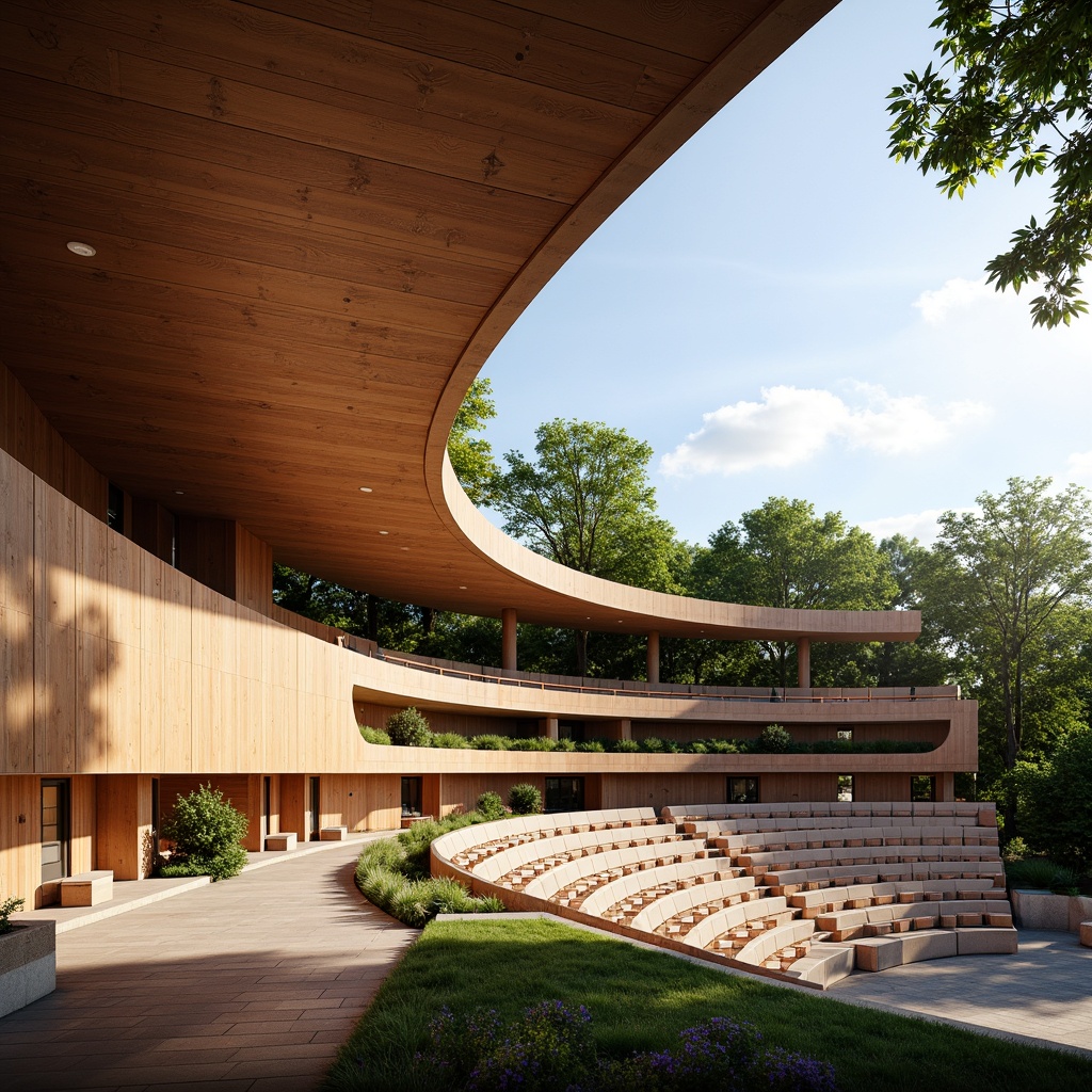 Prompt: Sleek amphitheater design, contemporary architecture style, tiered seating, acoustic paneling, sound-absorbing materials, wooden accents, curved lines, open stage, natural stone flooring, lush greenery surroundings, warm sunny day, soft ambient lighting, shallow depth of field, 3/4 composition, panoramic view, realistic textures, ambient occlusion.