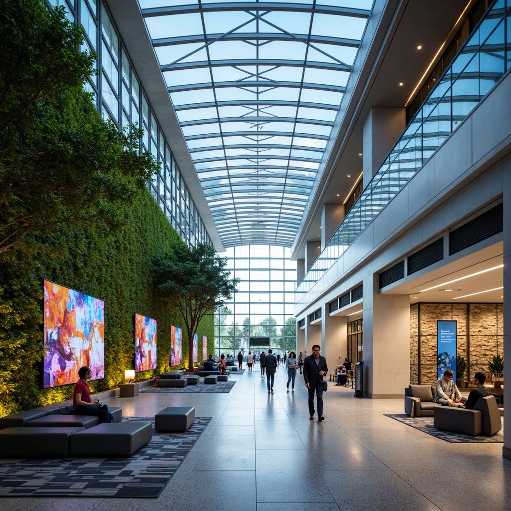 Prompt: Airy airport lobby, modern minimalist style, sleek glass fa\u00e7ade, steel beams, polished marble floors, futuristic LED lighting, dynamic digital displays, spacious open layout, comfortable seating areas, lush green walls, natural stone accents, geometric patterned rugs, vibrant colorful art installations, high ceilings, panoramic views, shallow depth of field, 3/4 composition, realistic textures, ambient occlusion.