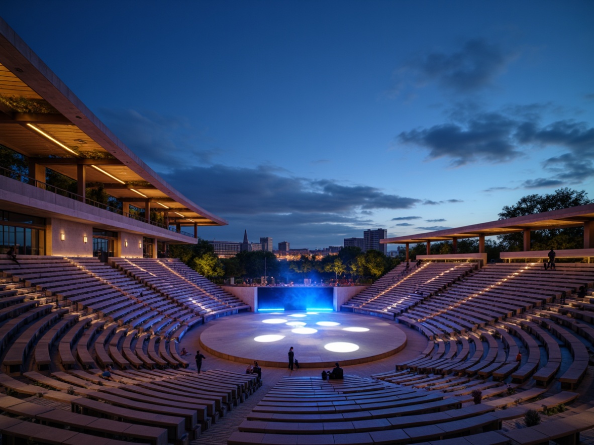 Prompt: Sleek modern amphitheater, curved seating areas, cantilevered roofs, exposed steel structures, dynamic LED light installations, programmable color schemes, warm white ambient lighting, cool blue accent lights, stepped floor plates, polished concrete floors, minimalist stage designs, retractable canopies, louvered facades, urban cityscape backdrop, evening atmosphere, soft warm glow, high contrast ratios, dramatic spotlighting, 1/2 composition, atmospheric fog effects, realistic material textures.