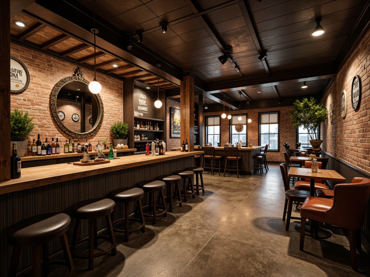 Prompt: Rustic wooden bars, distressed metal accents, vintage beer signs, industrial pendant lamps, exposed brick walls, polished concrete floors, rich leather upholstery, ornate mirrors, eclectic decorative artifacts, warm atmospheric lighting, dramatic shadows, 1/2 composition, shallow depth of field, realistic textures, ambient occlusion.