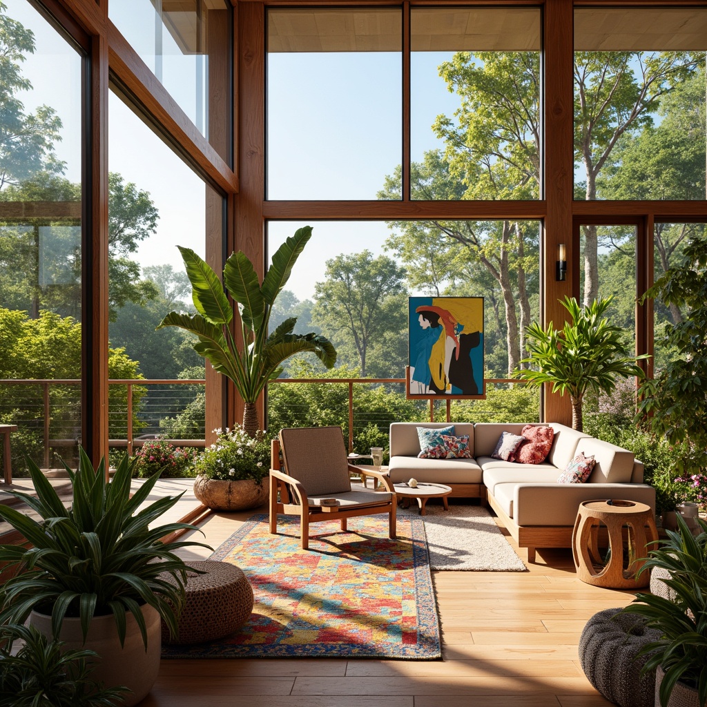 Prompt: Vibrant sunroom interior, bright natural light, warm wooden floors, lush greenery, exotic plants, colorful flowers, sleek modern furniture, abstract art pieces, geometric patterns, bold brushstroke textures, eclectic decorative accents, bohemian-inspired rugs, cozy reading nooks, floor-to-ceiling windows, sliding glass doors, panoramic views, shallow depth of field, 1/1 composition, warm soft lighting, realistic ambient occlusion.