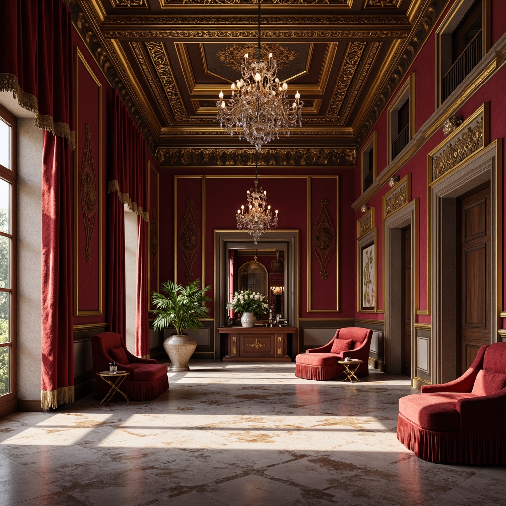 Prompt: Elegant interior spaces, neoclassical style, velvet fabrics, rich jewel-toned colors, intricate patterns, ornate carvings, luxurious drapes, tassel trims, embroidered motifs, satin finishes, marble floors, crystal chandeliers, gilded frames, subtle sheen, warm ambient lighting, shallow depth of field, 1/1 composition, soft focus, realistic textures.