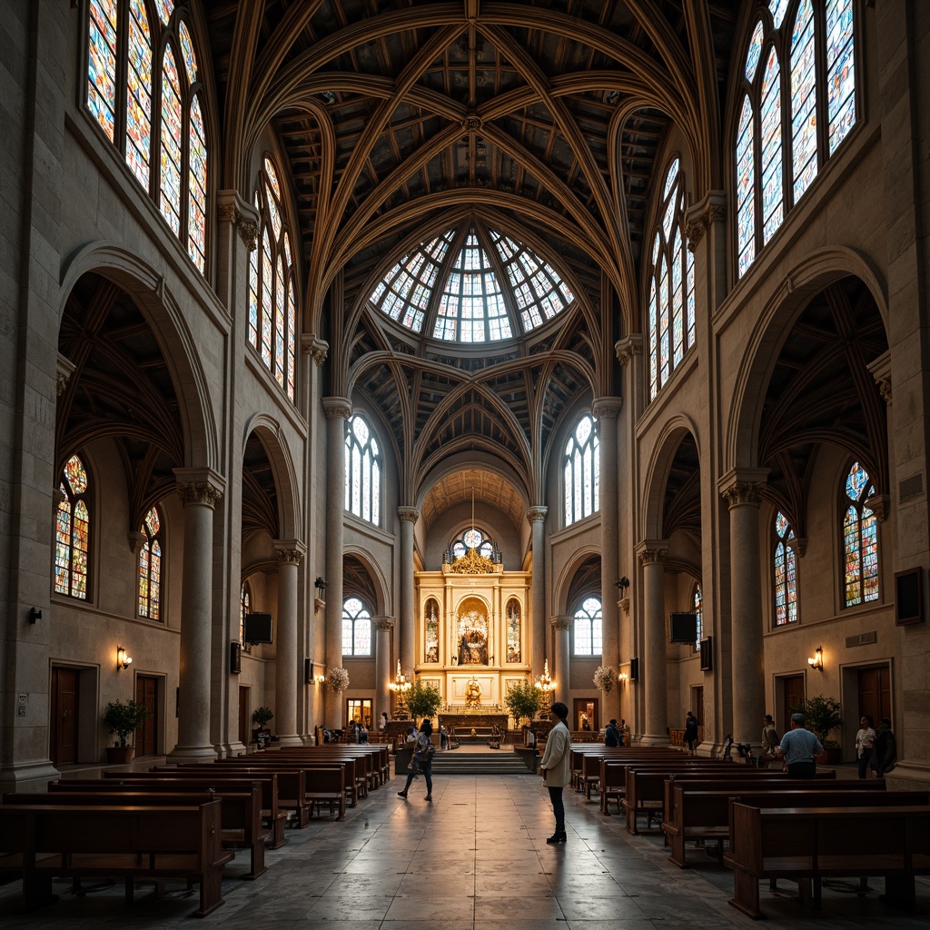 Prompt: Grandiose cathedral, ornate domes, vaulted ceilings, stained glass windows, intricate stone carvings, symmetrical fa\u00e7ade, imposing entrance, sweeping archways, elegant columns, marble flooring, gilded accents, dramatic chiaroscuro lighting, shallow depth of field, 2/3 composition, low-angle shot, realistic textures, ambient occlusion, serene atmosphere, peaceful ambiance, soft warm glow, morning light, subtle mist effect.