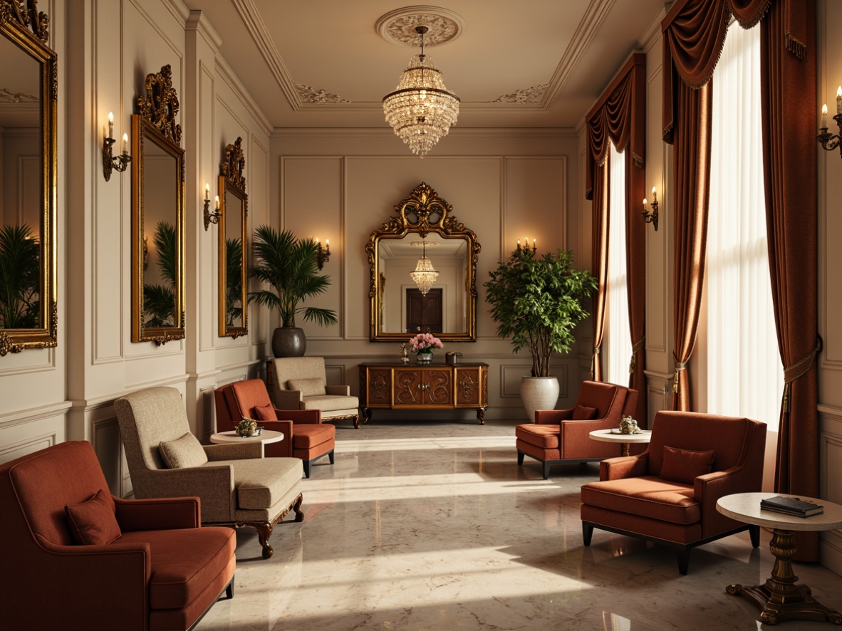 Prompt: Richly upholstered armchairs, intricately carved wooden tables, ornate gilded mirrors, velvet drapes, crystal chandeliers, polished marble floors, luxurious silk fabrics, neoclassical architectural details, symmetrical compositions, soft warm lighting, subtle shadows, 1/1 composition, realistic textures, ambient occlusion, warm beige color palette, elegant curvature lines, refined ornaments, sophisticated ambiance.