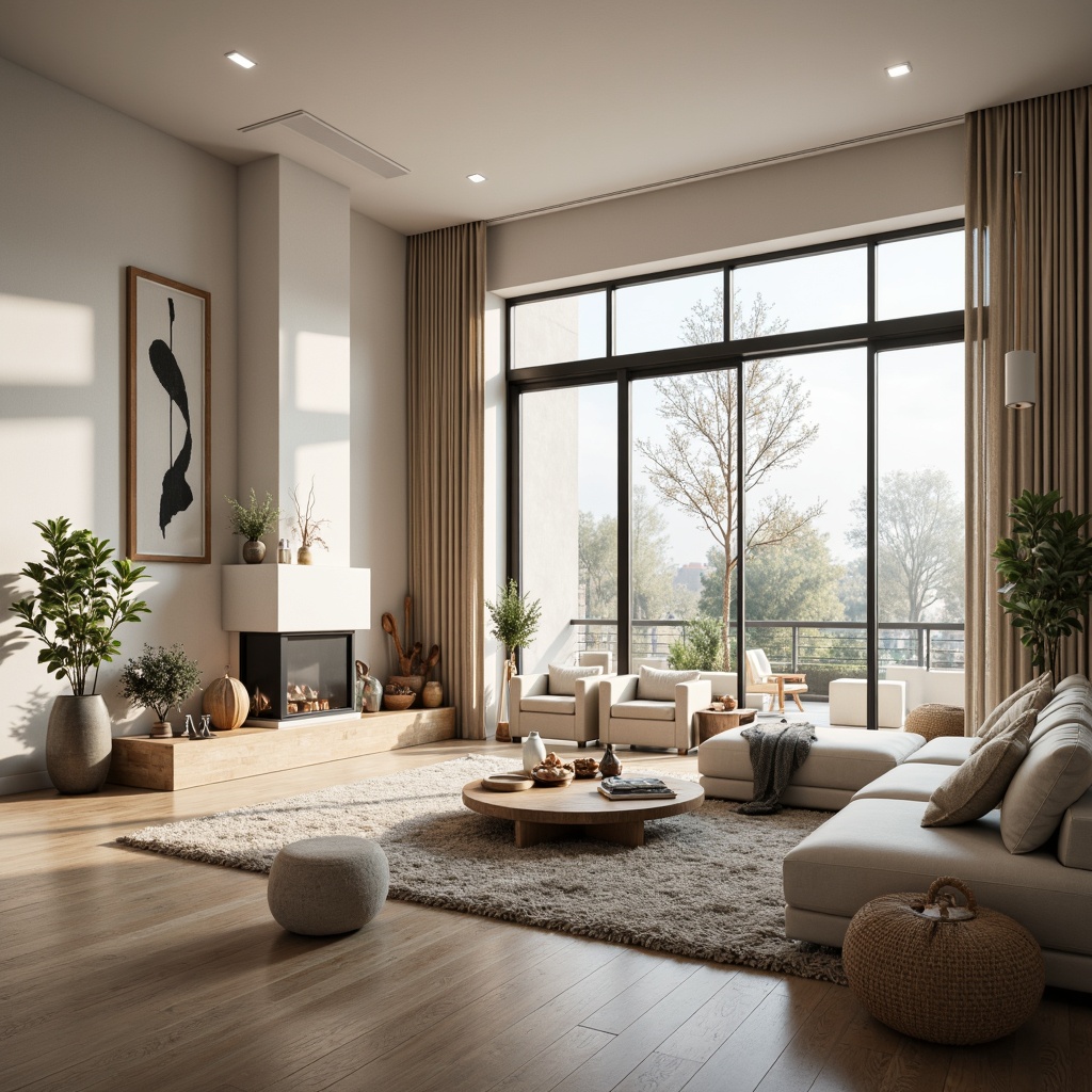 Prompt: Light-filled living room, minimal decor, natural wood accents, sleek lines, functional furniture, cozy textiles, plush rugs, monochromatic color scheme, large windows, sliding glass doors, organic shapes, earthy tones, industrial chic lighting, airy atmosphere, clutter-free space, Nordic-inspired patterns, soft warm lighting, shallow depth of field, 1/1 composition, realistic textures, ambient occlusion.