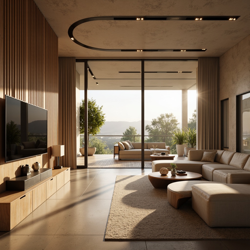 Prompt: Sleek modern architecture, curved lines, minimalist decor, metallic accents, polished chrome surfaces, monochromatic color scheme, rich wood tones, neutral beige backgrounds, bold accent walls, luxurious textiles, ambient LED lighting, shallow depth of field, 3/4 composition, panoramic view, realistic reflections, soft warm glow, morning light, atmospheric haze.