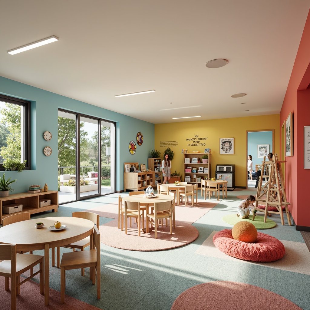 Prompt: Vibrant kindergarten interior, playful learning zones, soft pastel colors, wooden furniture, circular tables, tiny chairs, educational toys, interactive displays, natural light pouring, large windows, sliding glass doors, cozy reading nooks, plush carpets, whimsical wall art, inspirational quotes, flexible open layouts, collaborative play areas, sensory exploration corners, calming ambient lighting, 1/1 composition, shallow depth of field, realistic textures.