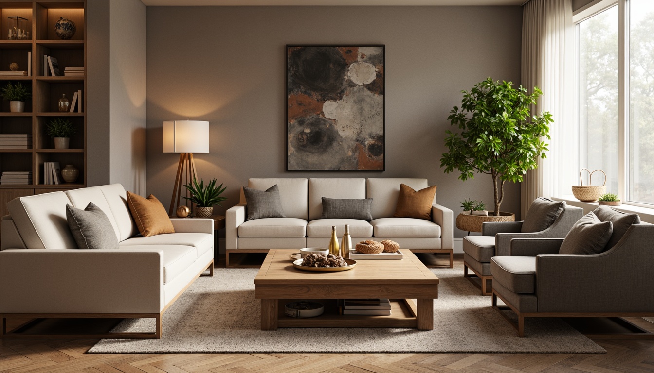 Prompt: Cozy living room, plush sofas, velvet armchairs, wooden coffee tables, minimalist decor, modern floor lamps, soft warm lighting, natural textiles, woven baskets, potted plants, neutral color palette, comfortable seating arrangements, ergonomic design, luxurious fabrics, metallic accents, sleek side tables, abstract artwork, wall-mounted shelves, functional storage units, inviting ambiance, relaxed atmosphere.