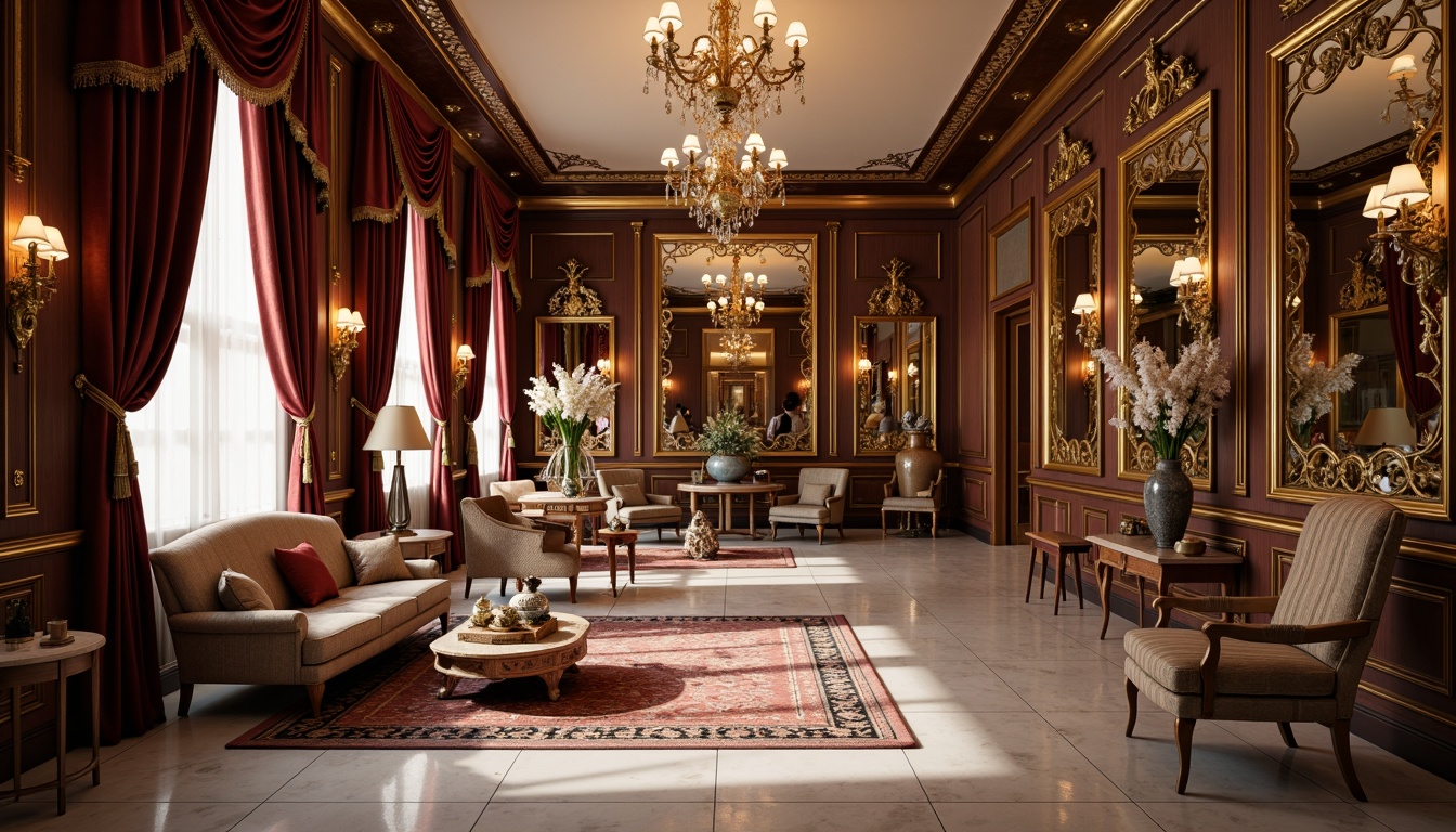 Prompt: Luxurious interior space, opulent furnishings, intricate carvings, gilded accents, lavish textiles, ornate mirrors, crystal chandeliers, velvet drapes, polished marble floors, rich wood paneling, sophisticated color palette, soft warm lighting, shallow depth of field, 1/1 composition, realistic textures, ambient occlusion.