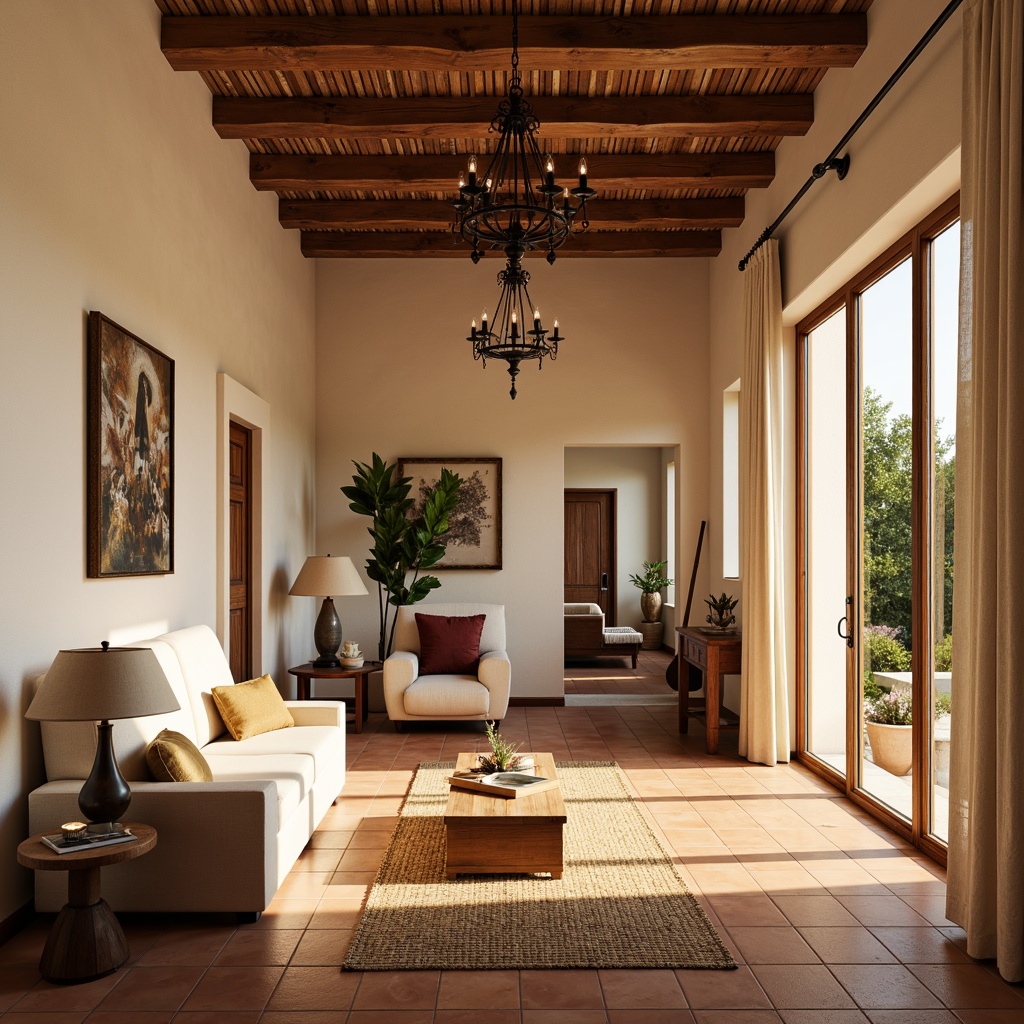 Prompt: Warm Mediterranean interior, soft golden lighting, rustic wooden beams, earthy terracotta floors, creamy white walls, ornate wrought iron chandeliers, candlelit ambiance, table lamps with natural linen shades, floor-to-ceiling windows, sheer curtains, bright sunny days, warm afternoon glow, subtle shadows, 1/1 composition, realistic textures, ambient occlusion.