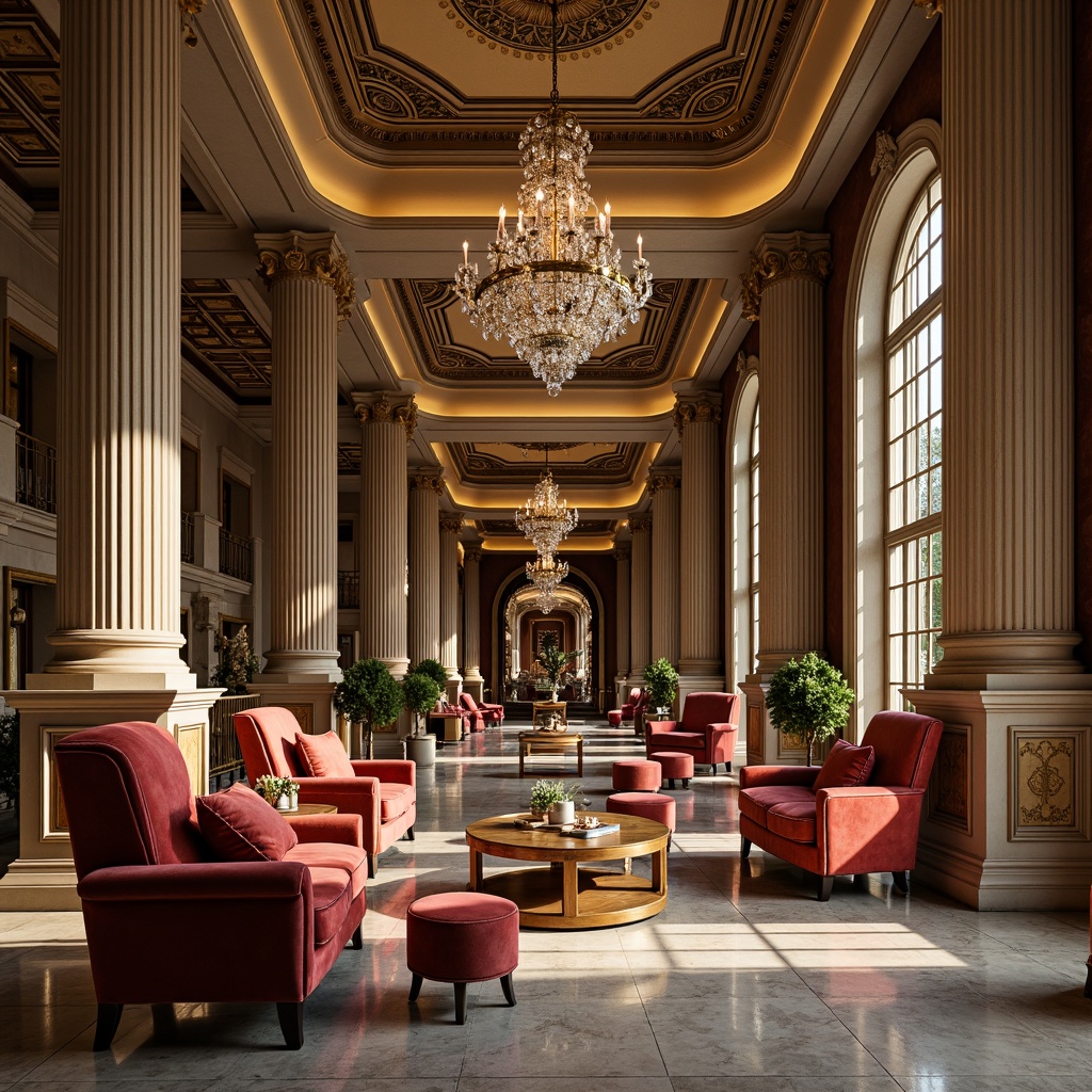 Prompt: Luxurious interior, ornate gold accents, rich velvet fabrics, intricately carved wooden furniture, imposing stone columns, grand crystal chandeliers, majestic archways, refined marble floors, elegant curved lines, symmetrical composition, soft warm lighting, subtle gradient effects, realistic textures, ambient occlusion.