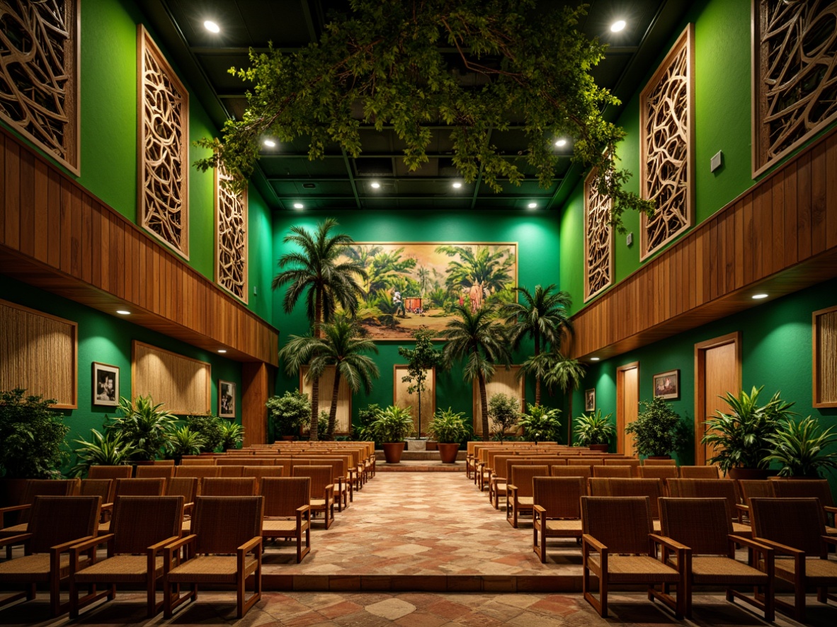 Prompt: Vibrant tropical theater, lush green walls, wooden accents, natural textiles, woven bamboo seats, exotic wood trim, warm color palette, soft ambient lighting, diffuse overhead lights, acoustic panels with geometric patterns, sound-absorbing materials, minimal echo, clear audio clarity, intimate audience seating, 3/4 composition, shallow depth of field, realistic textures.