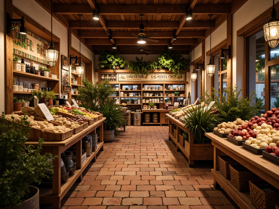 Prompt: Warm Mediterranean grocery store interior, rustic wooden shelves, earthy terracotta flooring, ornate metal lanterns, pendant lighting fixtures, warm white LED lights, distressed wood accents, vintage-inspired signs, woven baskets, colorful ceramic tiles, aromatic herbs, fresh produce displays, ambient softbox lighting, 1/2 composition, shallow depth of field, realistic textures, subtle ambient occlusion.