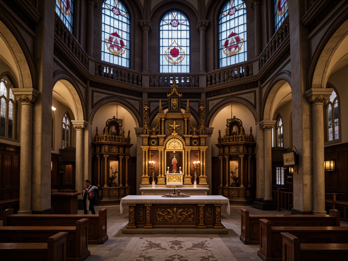 Prompt: Elegant altar, intricately carved wooden decorations, ornate golden accents, stained glass windows, majestic stone columns, vaulted ceilings, sacred relics, dim warm lighting, soft mystical ambiance, richly textured fabrics, classic Renaissance architecture, symmetrical composition, subtle chromatic contrast, atmospheric perspective, nuanced color palette.